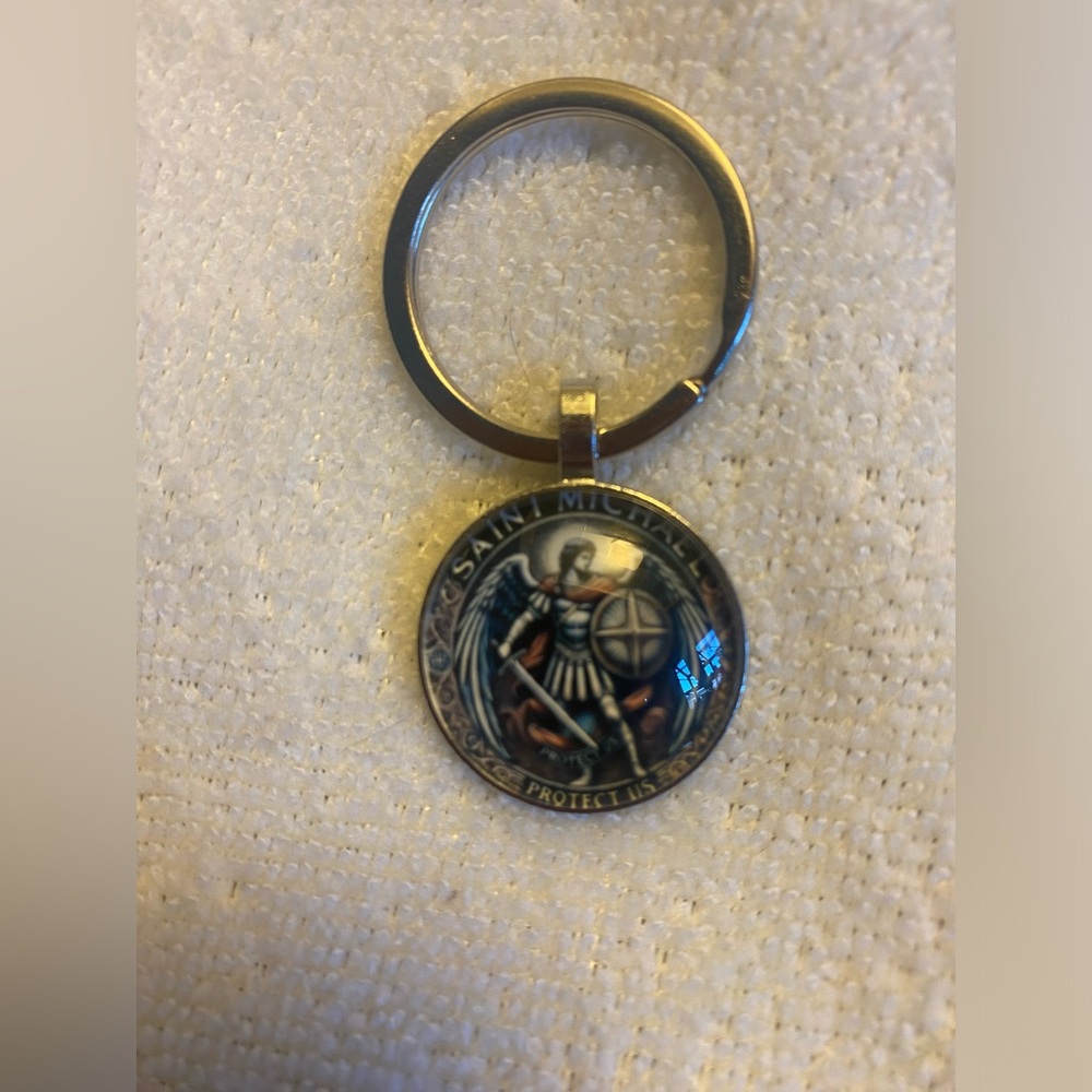 Saint Michael Round Metal Keychain - Black and Silver